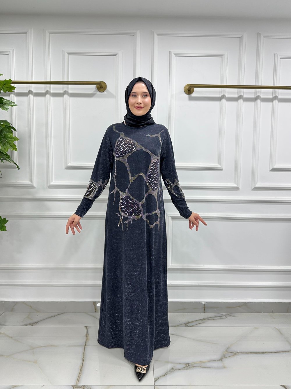 7952  Skuba Kumaş LEOPAR  TAŞ İŞLEMELİ  Tesettür Abiye KOYU GRİ 