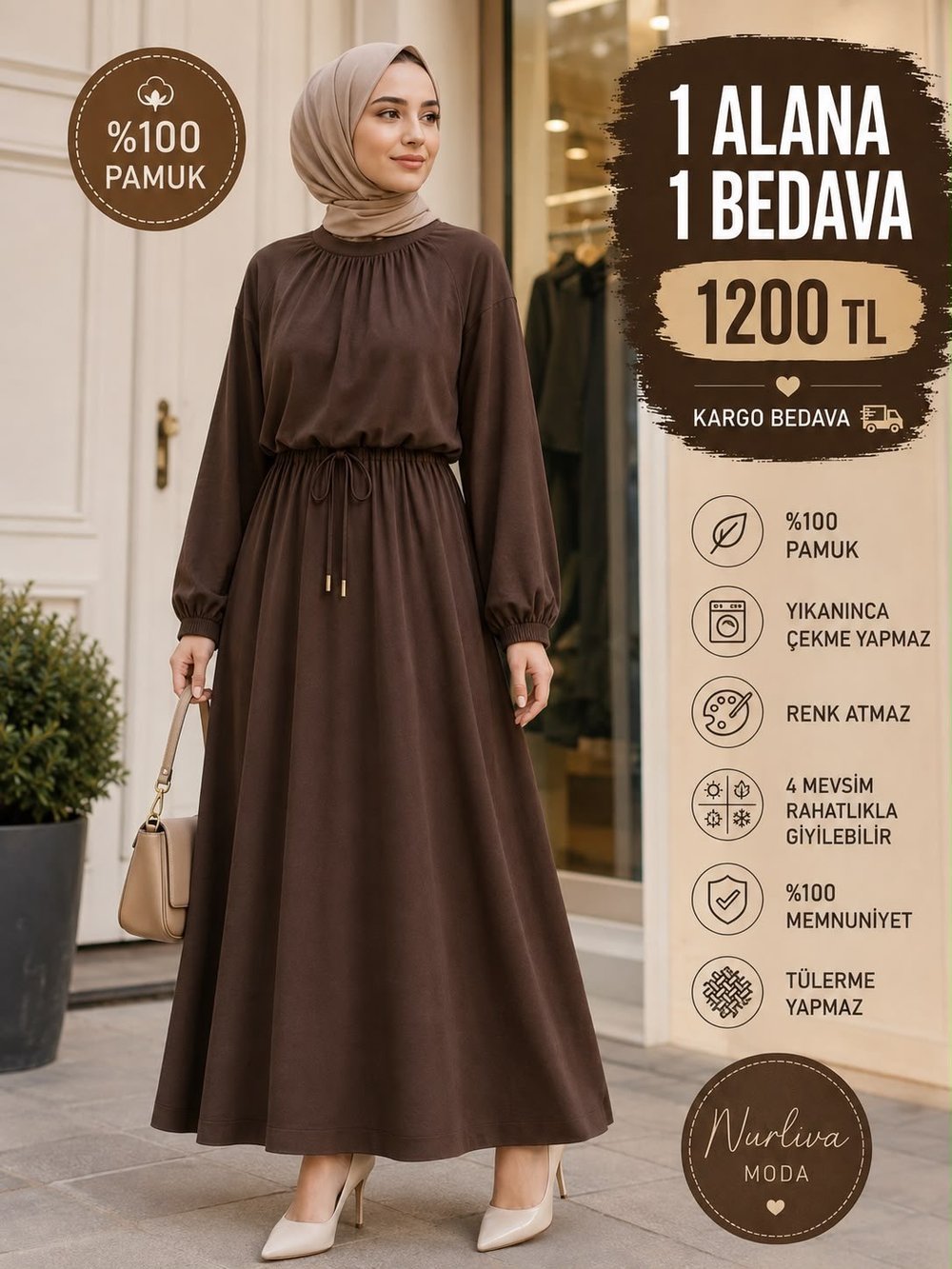 8891 İthal Kristal Penye Kumaş Nur Etekli Takım kahverengi
