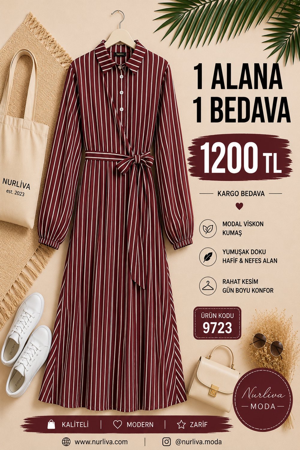 9723  YANDAN BAĞLAMALI MODAL VİSKON YENİ SEZON ÇİZGİLİ ELBİSE  BORDO 
