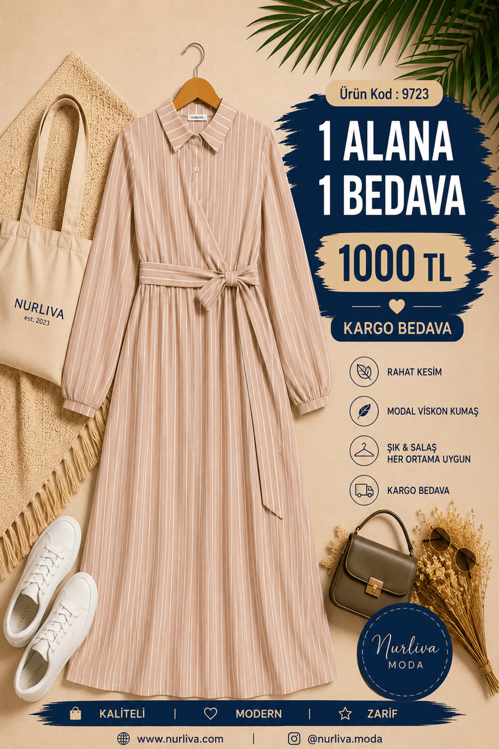 9723  YANDAN BAĞLAMALI MODAL VİSKON YENİ SEZON ÇİZGİLİ ELBİSE BEJ 