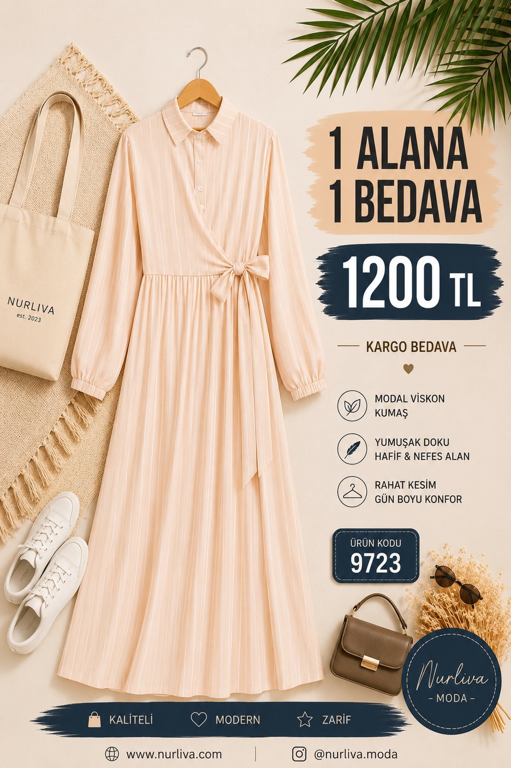 9723  YANDAN BAĞLAMALI MODAL VİSKON YENİ SEZON ÇİZGİLİ ELBİSE BEJ 
