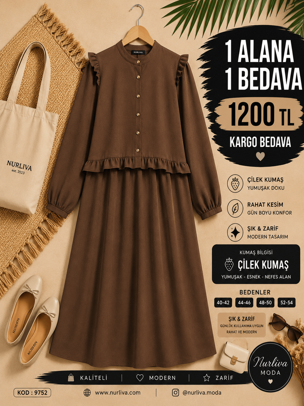 9752 ÇİLEK AYROBİN KUMAŞ FIRFIR DETAYLI ETEKLİ TAKIM KAHVERENGİ 