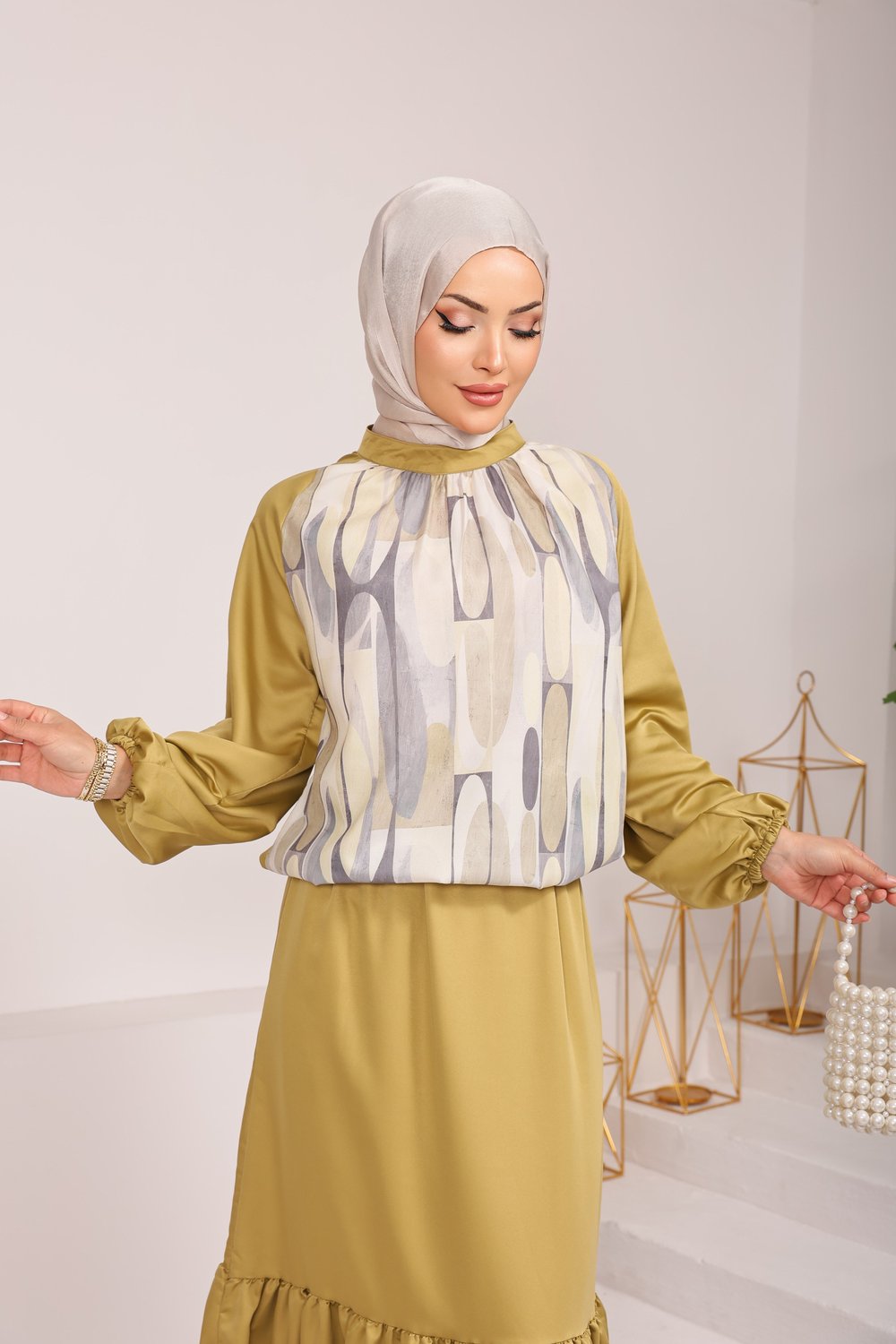 DİJİTAL BASKI ÖZEL TASARIM SATEN ETEKLİ TAKIM YEŞİL 