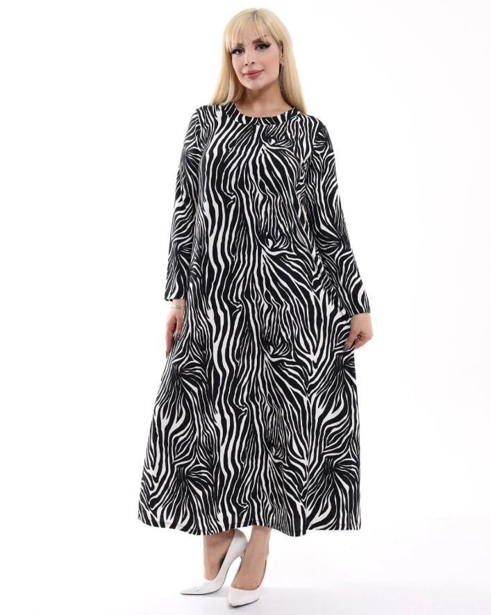 Kadın Büyük Beden Yumuşak Dokulu Siyah Beyaz Zebra Desen Elbise