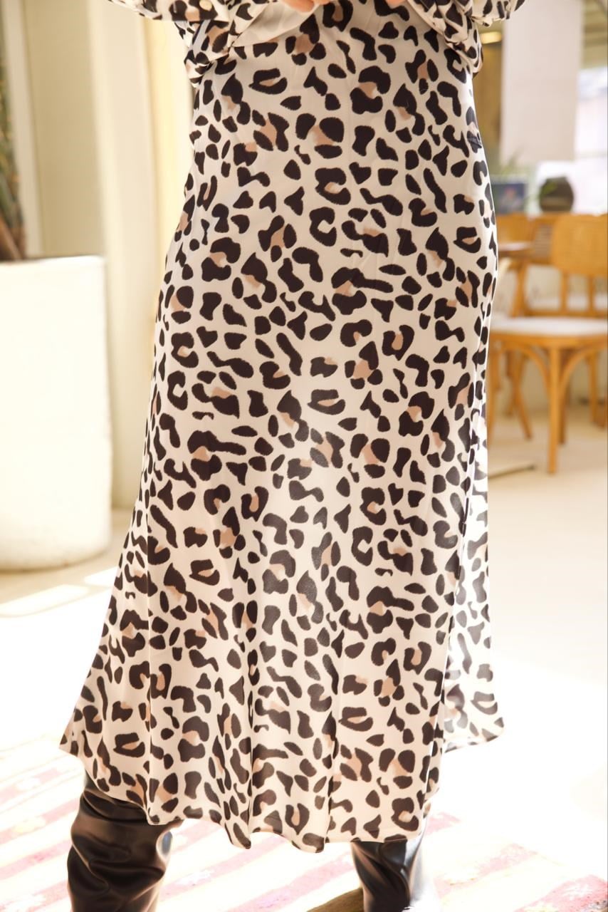 Beyaz Leoparlı Saten Etek - 1205