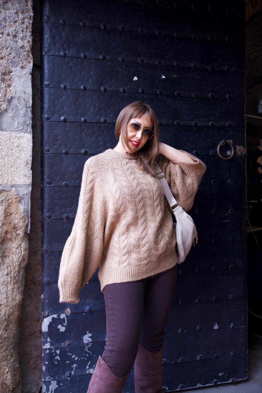 Krem Oversize Simli Triko Kazak - 1160