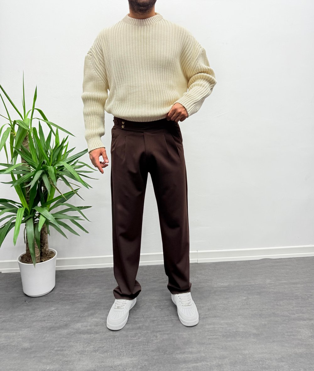Acı Kahve Çift Toka Detaylı Baggy Kumaş Pantolon
