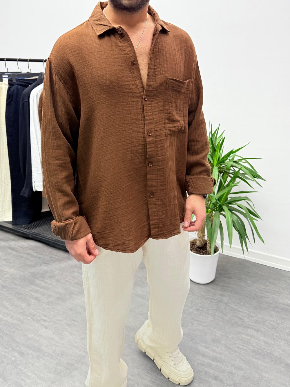 Acı Kahve Müslin Kumaş Oversize Gömlek