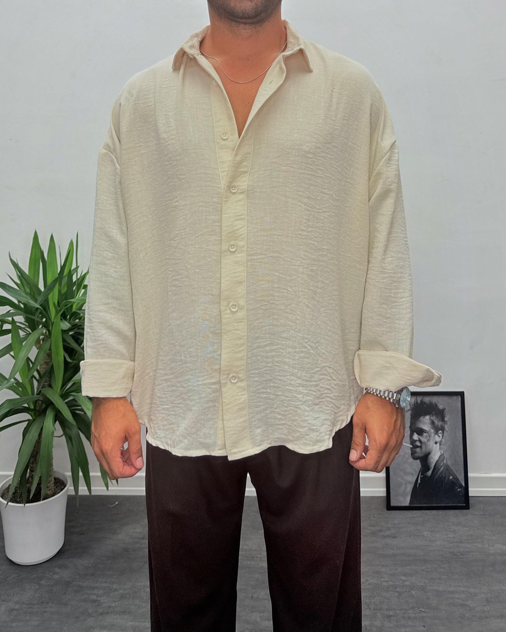 Dokulu Oversize Gömlek Krem