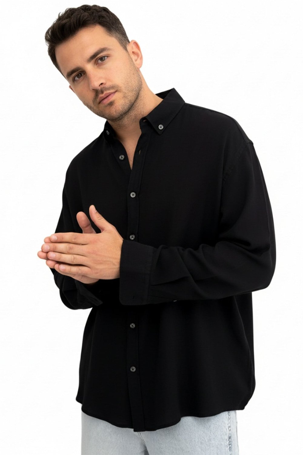 Erkek Etamin Keten Oversize Gömlek Siyah
