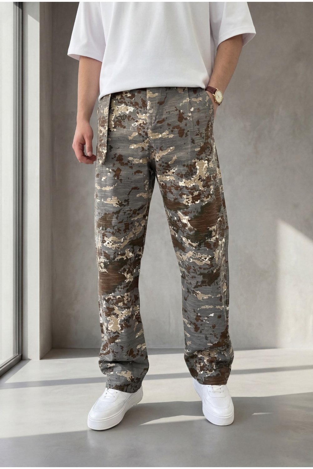 Erkek Kemer Detaylı Kamuflaj Desenli Keten Baggy Pantolon