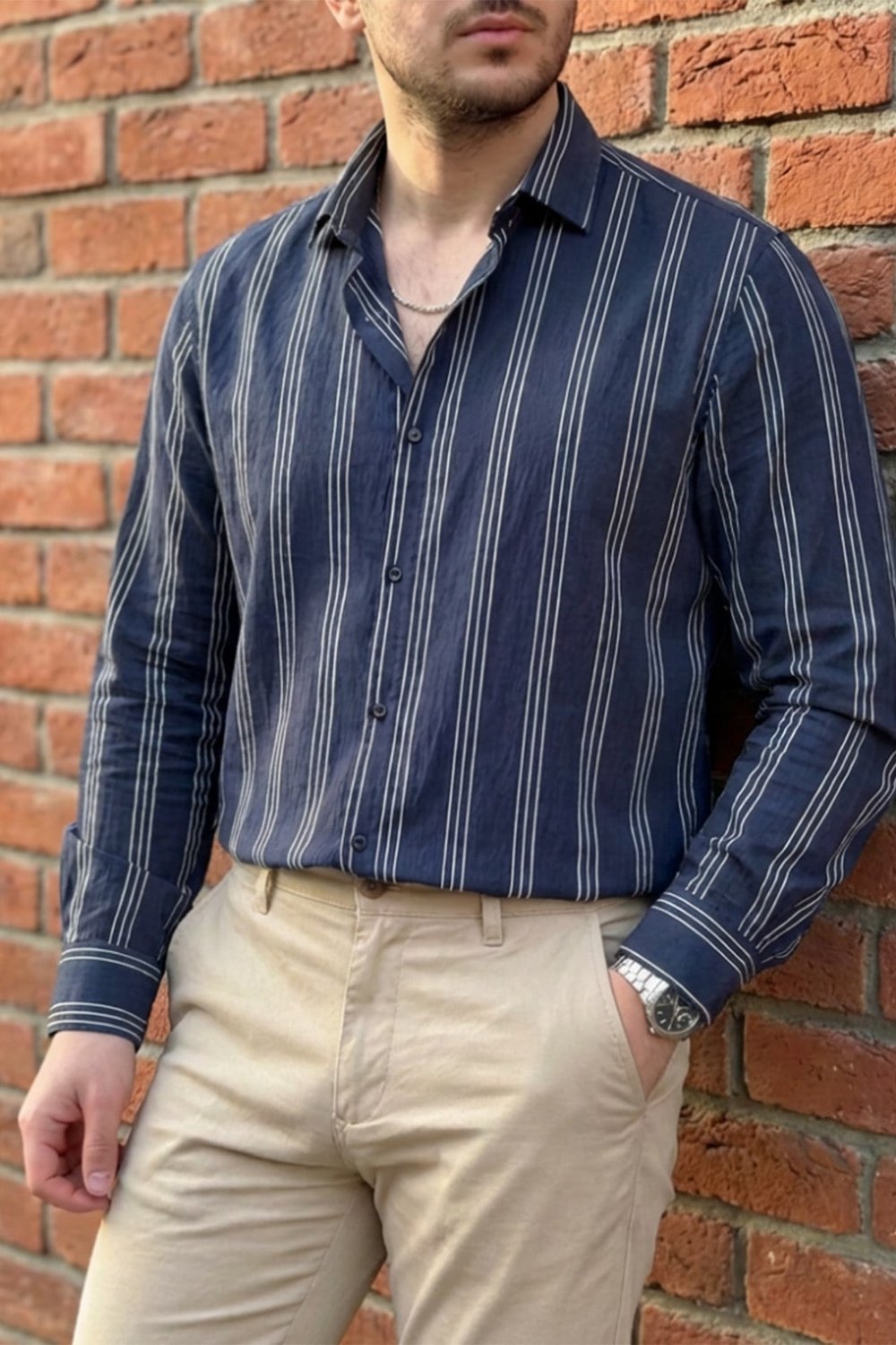 Erkek Oversize Çizgi Detaylı Modal Kumaş Gömlek