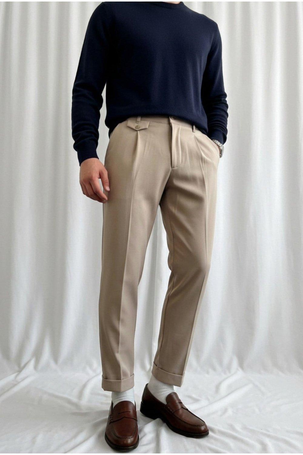 Erkek Regular-Fit Premium Old Money Cep Detaylı Double Paça Kumaş Pantolon Krem