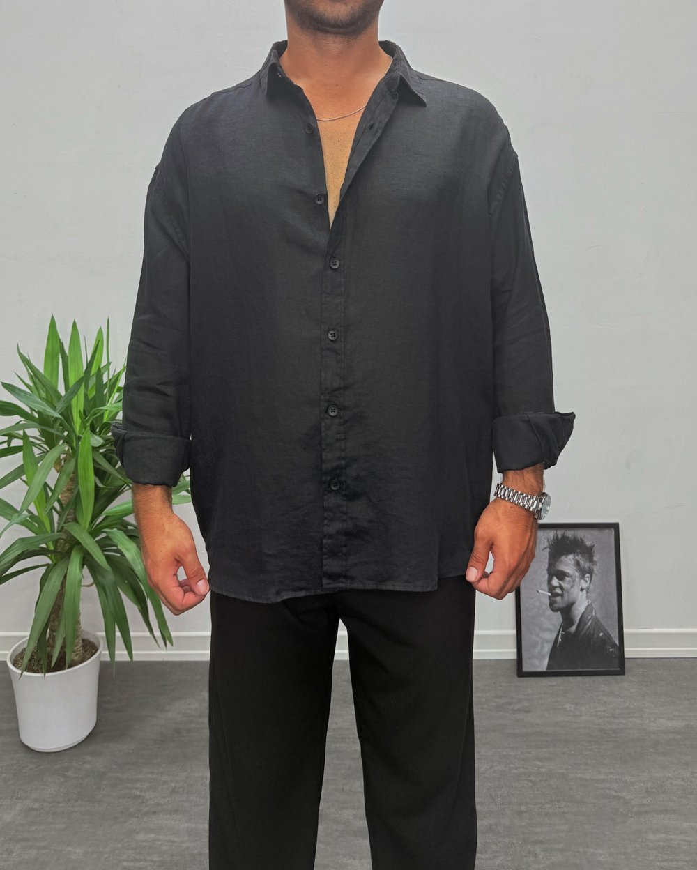 Giesto %100 Keten Oversize Gömlek Siyah