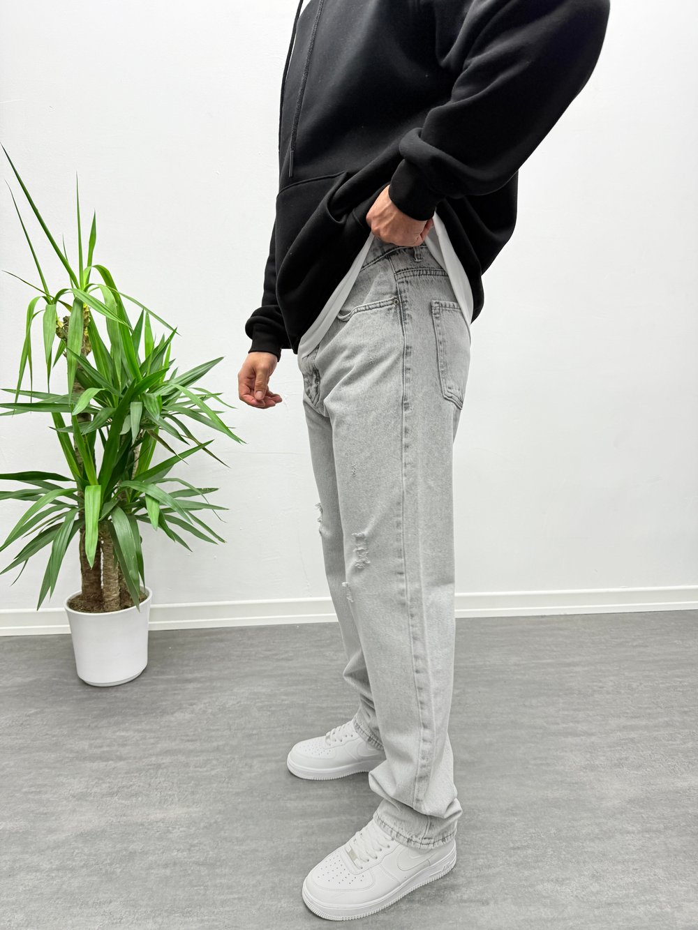 Gri Yırtık Detay Baggy Jean Pantolon