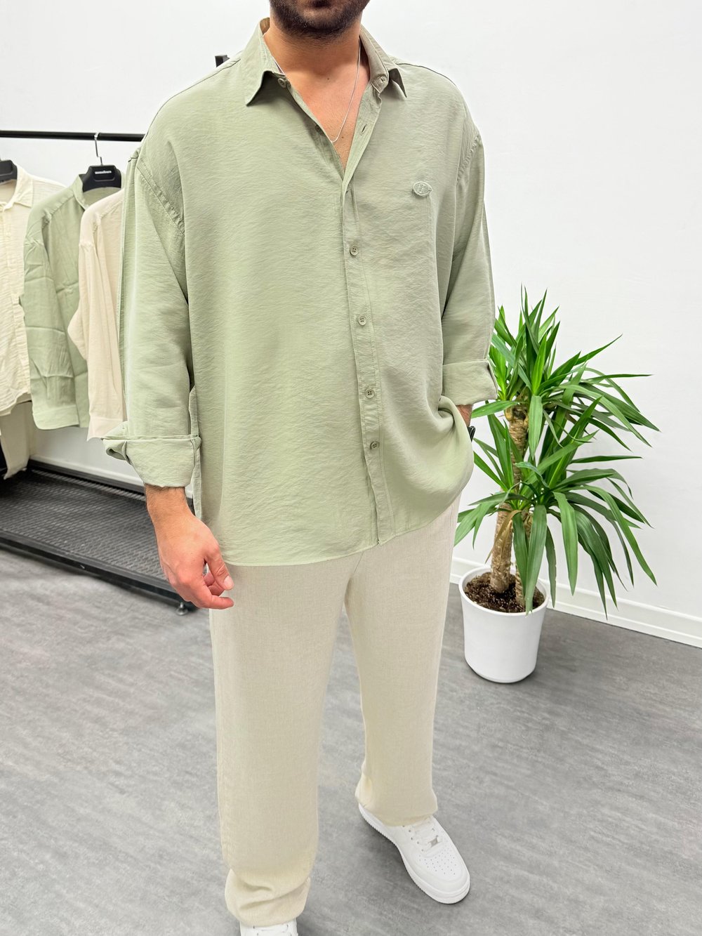 Haki Modal Kumaş Oversize Gömlek