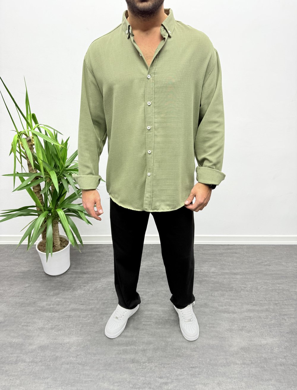 Haki Oversize Dokulu Gömlek