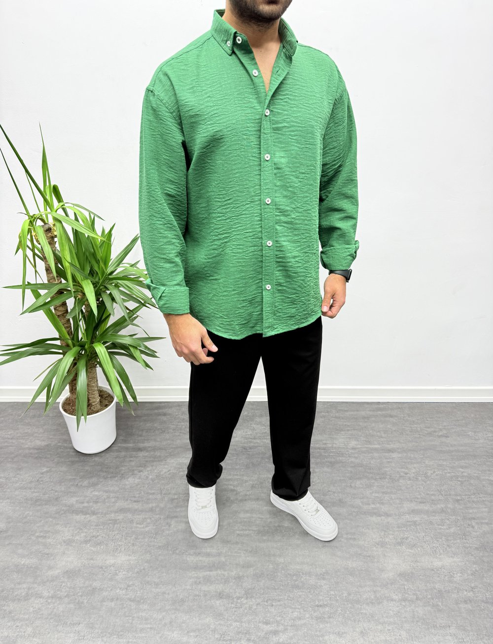 Koyu Yeşil Oversize Dokulu Gömlek