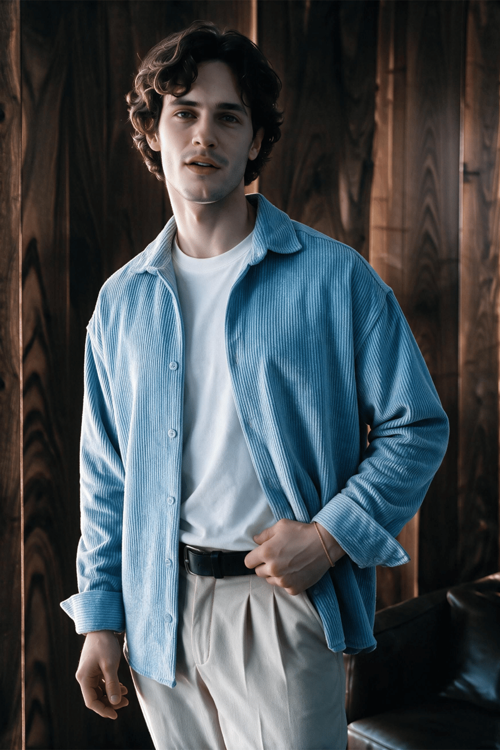 Maren Erkek Premium Kalite Oversize Kadife Uzun Kollu Gömlek Ceket Açık Mavi