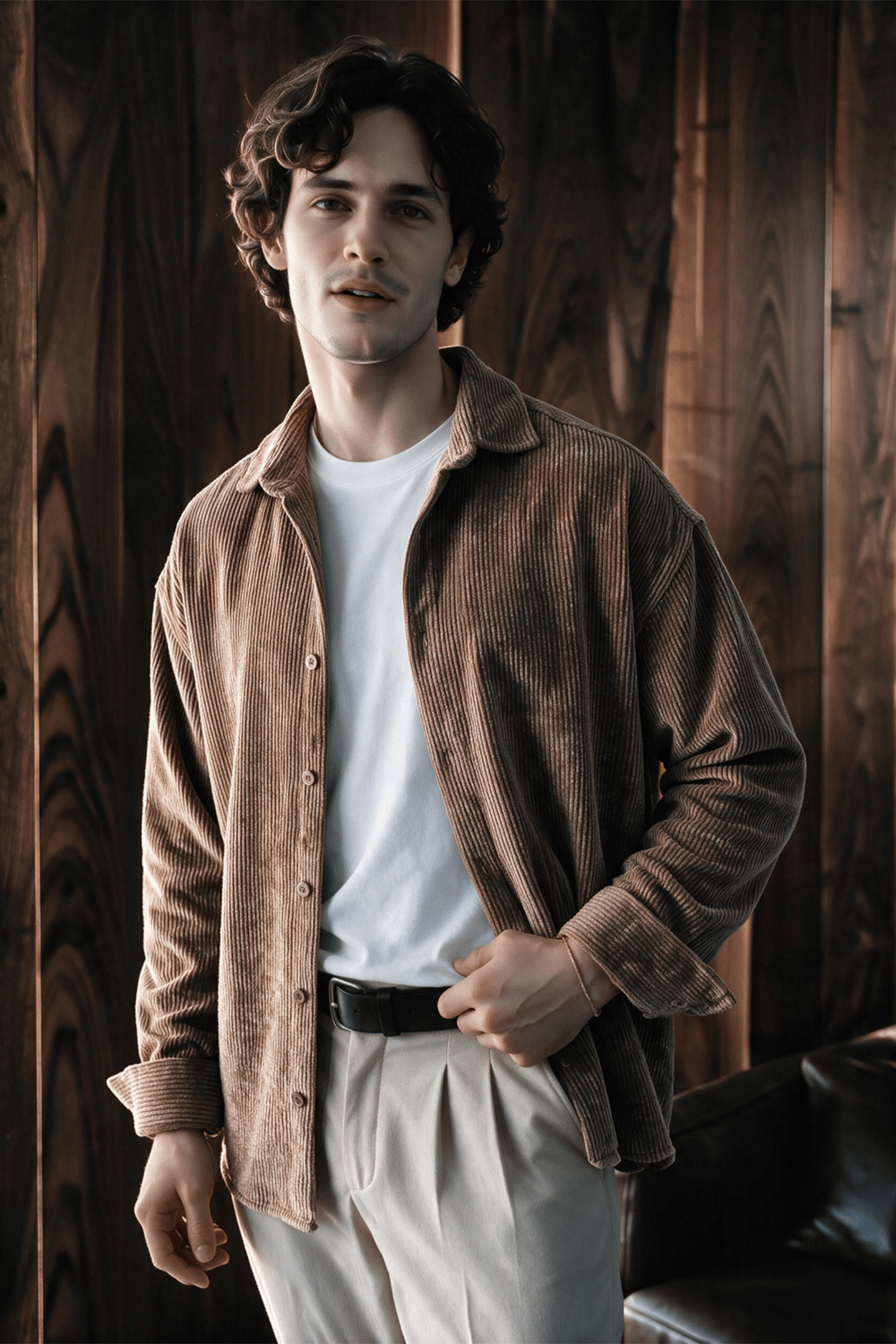 Maren Erkek Premium Kalite Oversize Kadife Uzun Kollu Gömlek Ceket Mocha Vizon