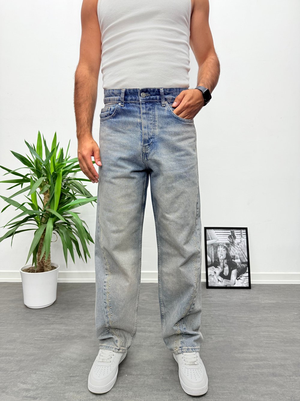 Nakış Detaylı Mavi Baggy Jean