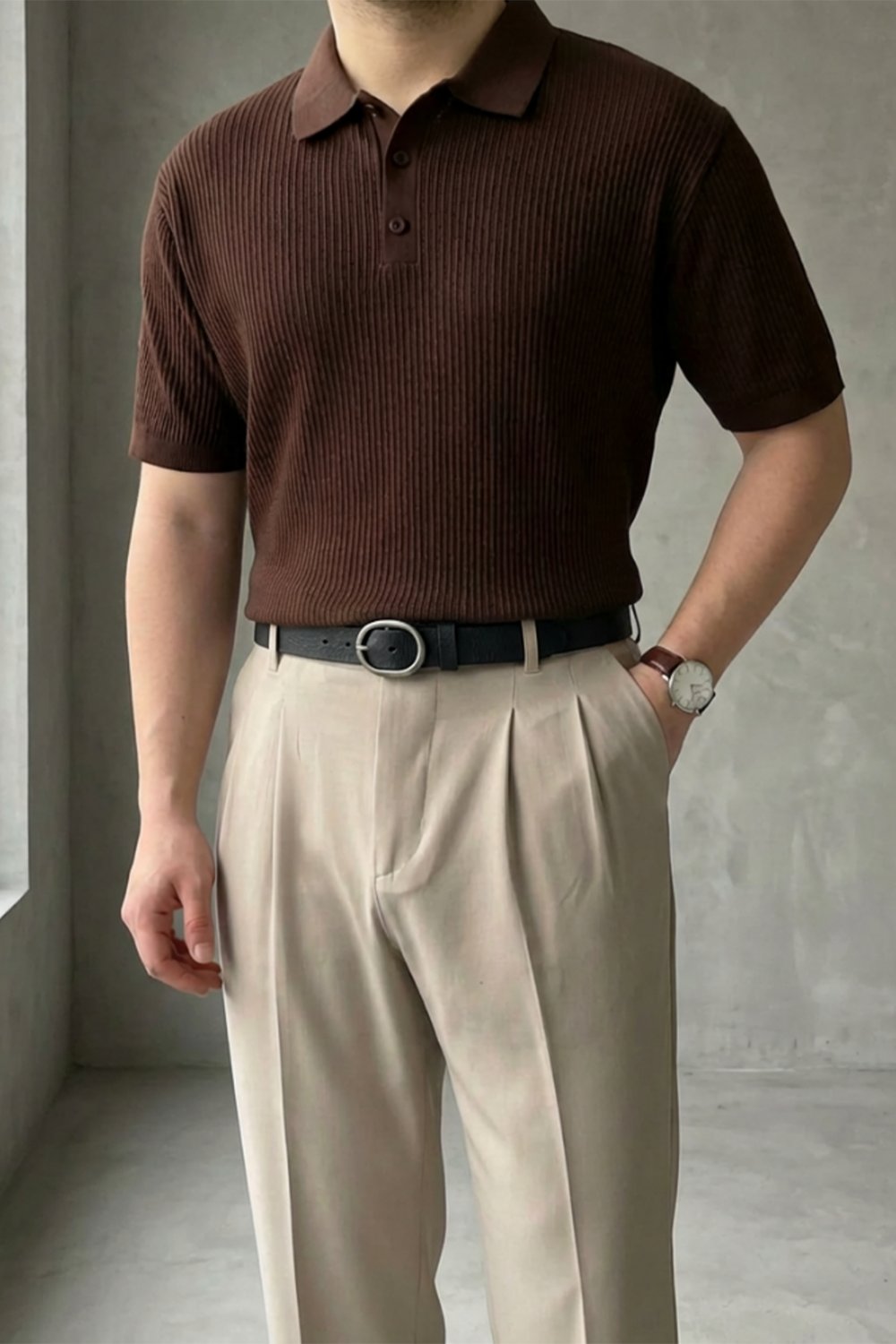 Örgü Detaylı Düğmeli Polo Yaka Triko T-Shirt Acı Kahve