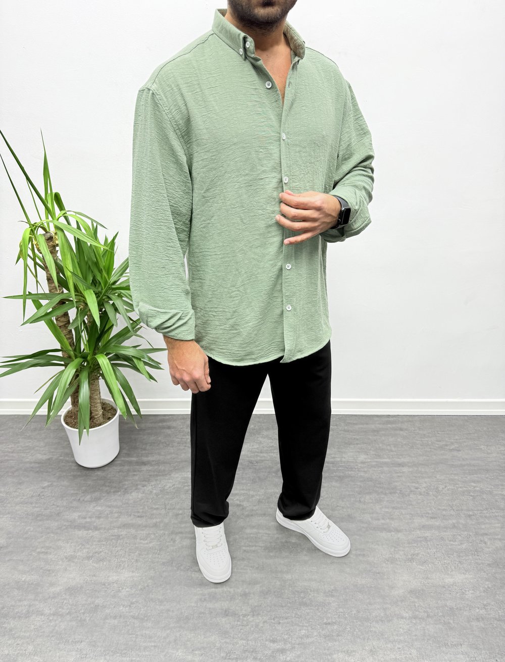 Su Yeşili Oversize Dokulu Gömlek
