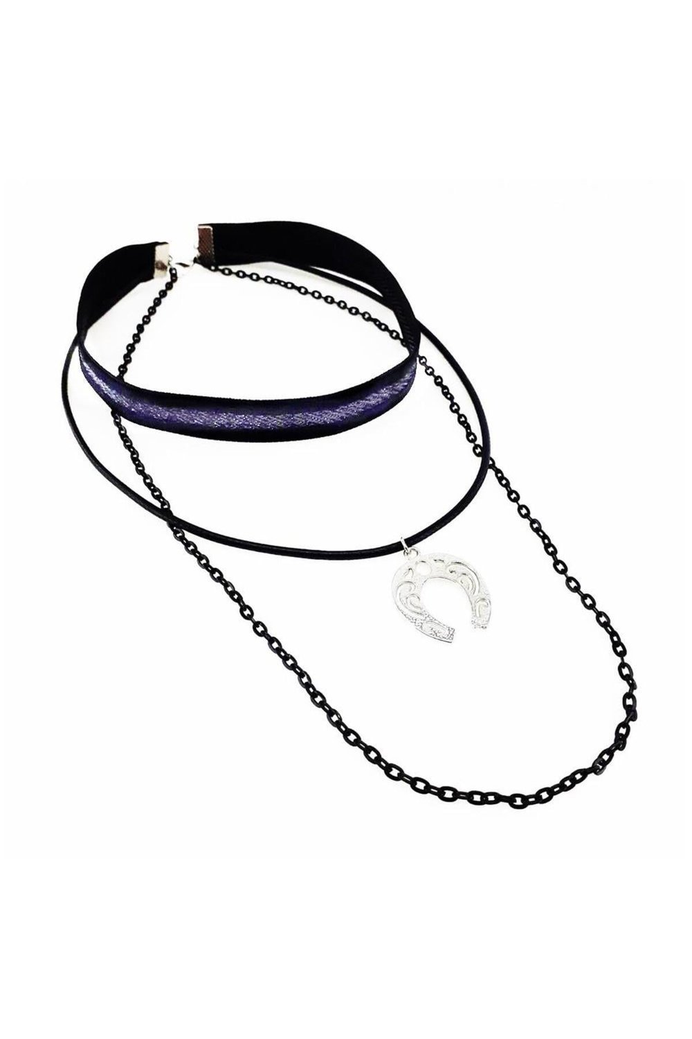 Gümüş İşleme Siyah Kadife At Nalı Choker Kolye