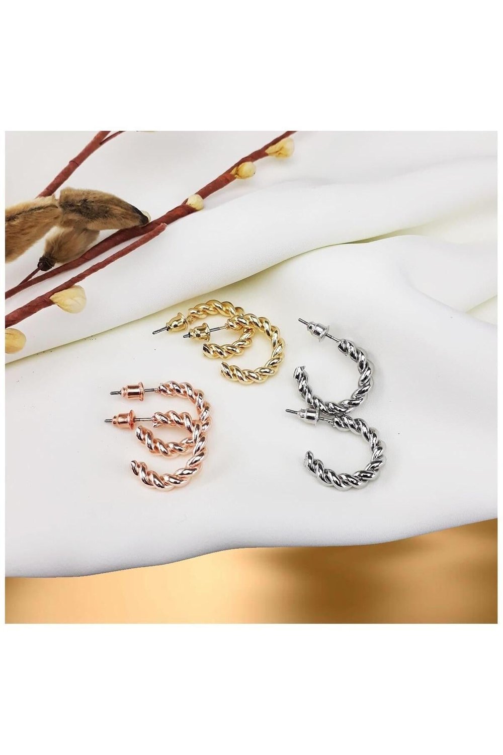 Rose & Gümüş & Gold Kadın Üçlü Halka Küpe