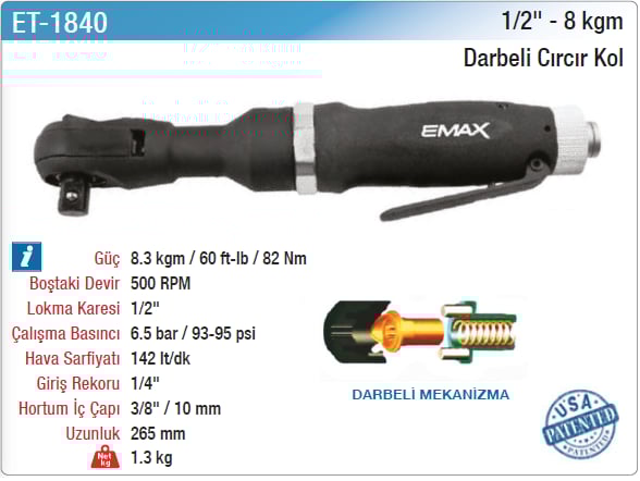 Emax 1/2 8Kgm Darbeli Cırcır Kol