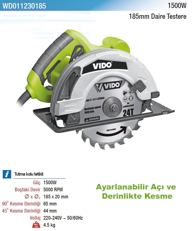 Vıdo 1500W 185Mm Daire Daire Testere