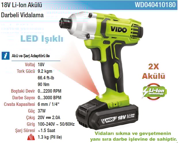 Vıdo 18V Li-Lon Akülü Darbeli Vidalama