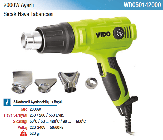 Vıdo 2000W Ayarlı Sıcak Hava Tabancası