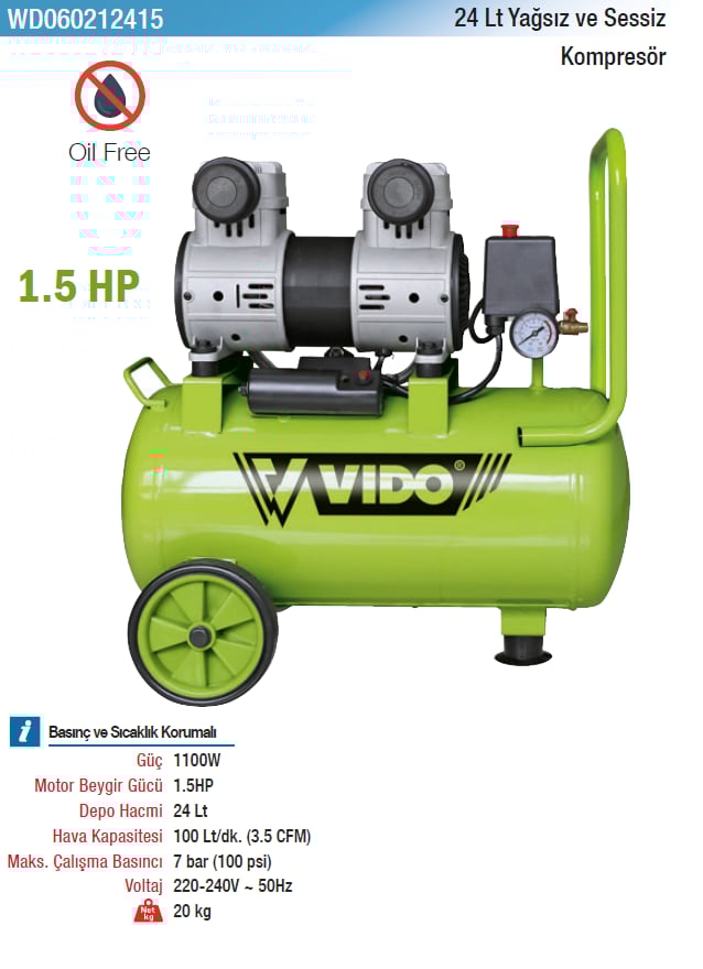 Vıdo 24Lt Yağsız Ve Sessiz Kompresör