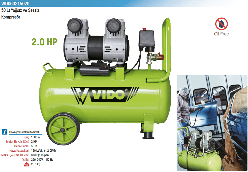 Vıdo 50Lt Yağsız Ve Sessiz Kompresör