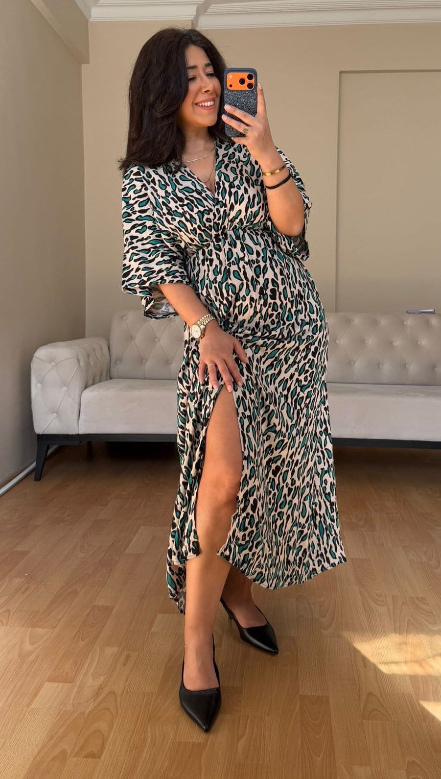 Bej Leopar Kruvaze Elbise