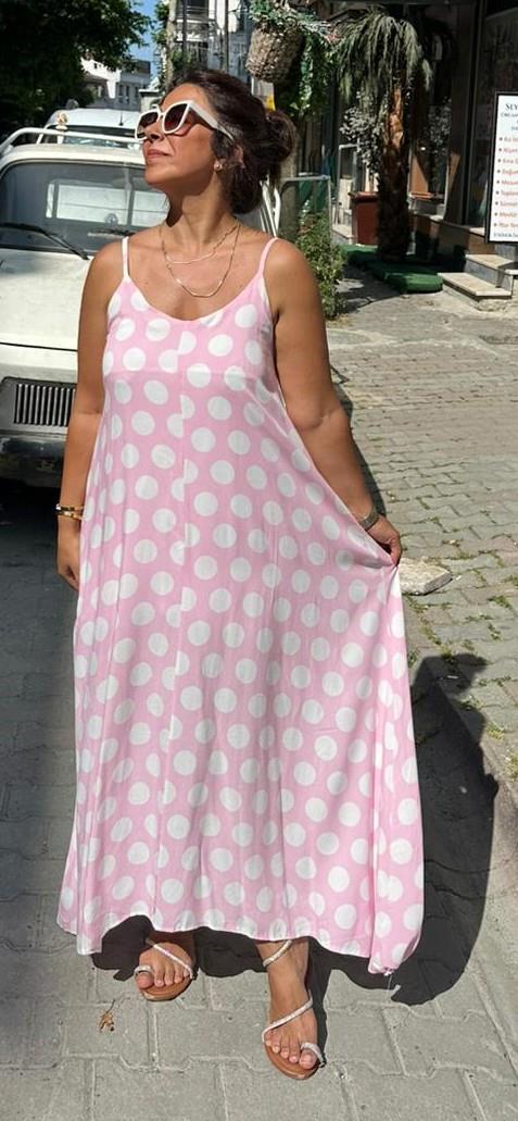 Pembe Puantiye  Askılı Elbise