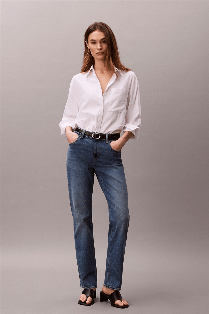 Calvin Klein High Rise Straight V Kadın Jean Pantolon Mavi