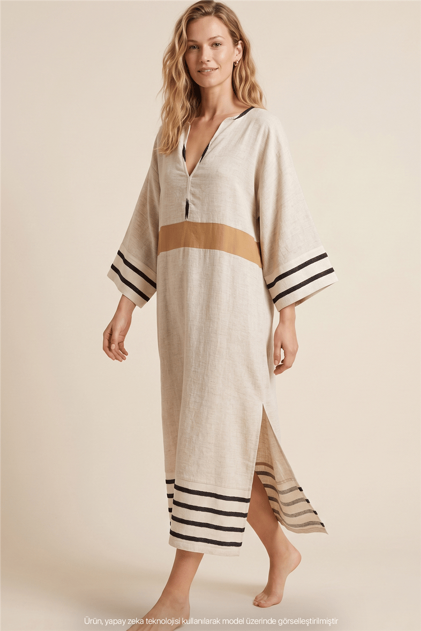 Lalamia Kadın Kenevir Keten Kaftan Ekru