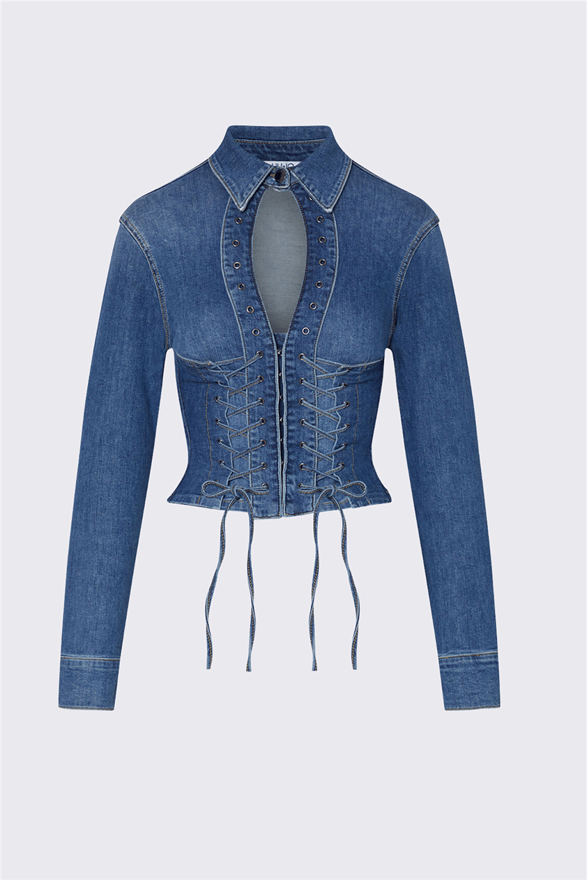 Liu Jo Camicia M/L intrecci Kadın Kot Gömlek Mavi