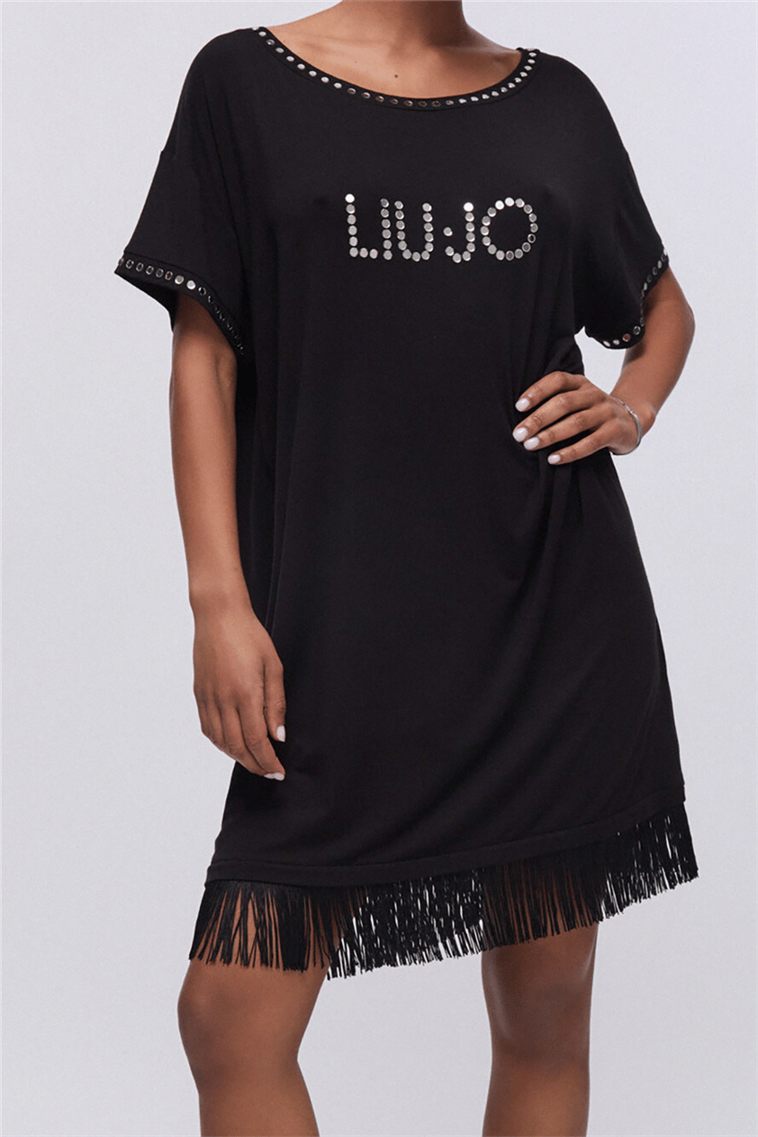 Liu Jo Ecs Abito Jersey C/Frange Kadın Plaj Elbisesi Siyah