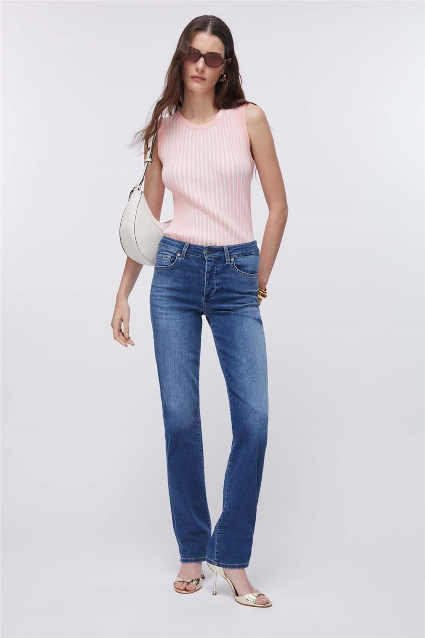 Liu Jo Ecs Pant.Authentic Straight Hw Kadın Jean Pantolon Mavi