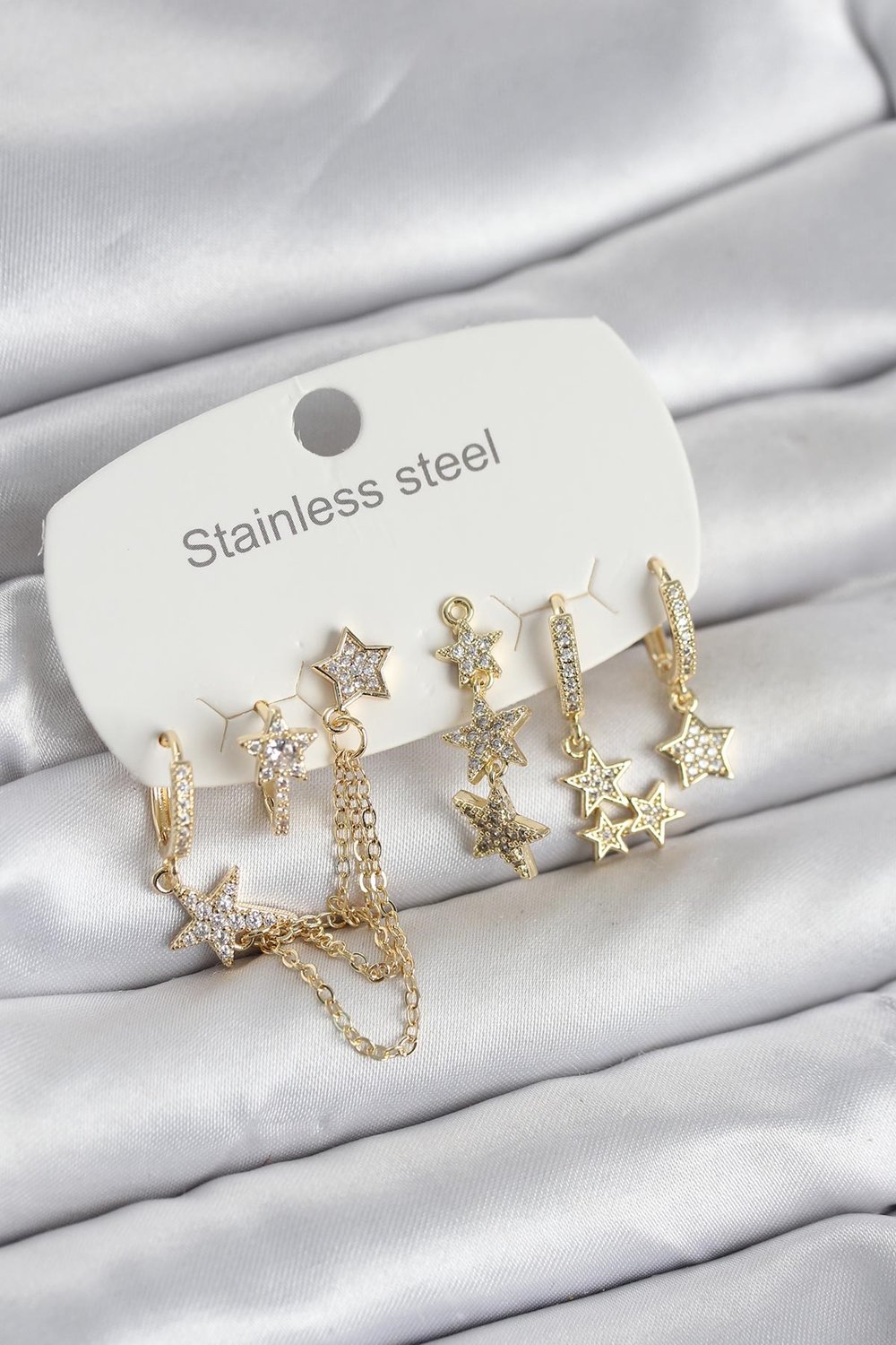316L Çelik Gold Renk 6lı Set Zincirli Yıldız Modelli Kadın Küpe