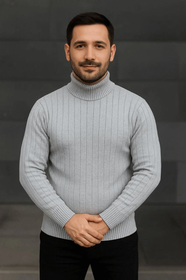 Erkek Balıkcı Yaka Bağazlı Triko Kazak Pamuklu Kalın Fitilli Dokuma, Regular Fit Uzun Kollu Kışlık Model - Gri