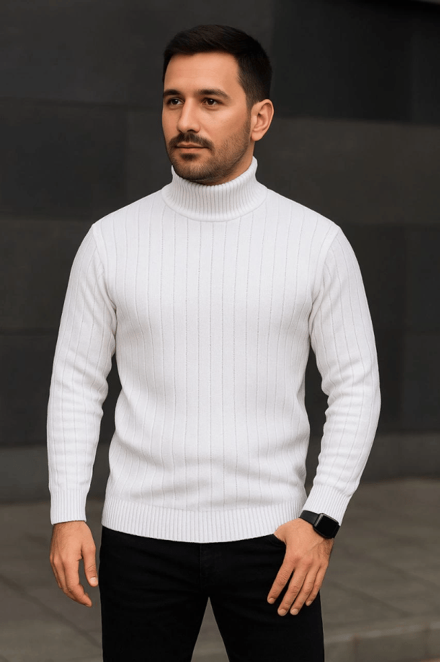 Erkek Balıkcı Yaka Bağazlı Triko Kazak Pamuklu Kalın Fitilli Dokuma, Regular Fit Uzun Kollu Kışlık Model - Beyaz