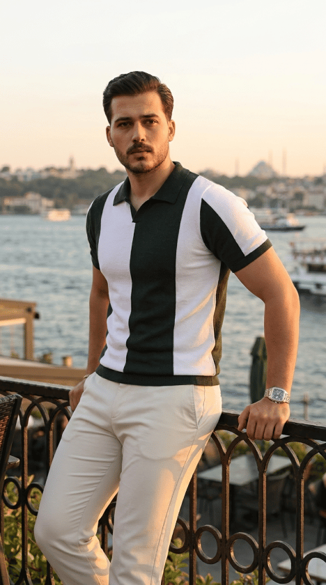 Erkek Kısa Kollu Polo Yakalı Blok Desenli Triko Bluz