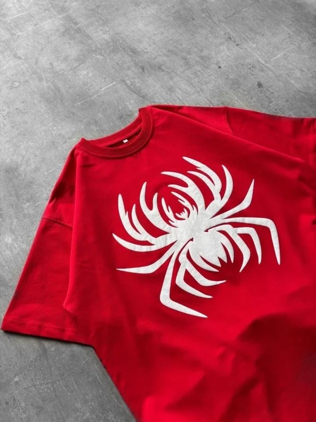 Erkek Örümcek Baskılı Tişört Kısa Kollu Bisiklet Yaka T-Shirt - Kırmızı