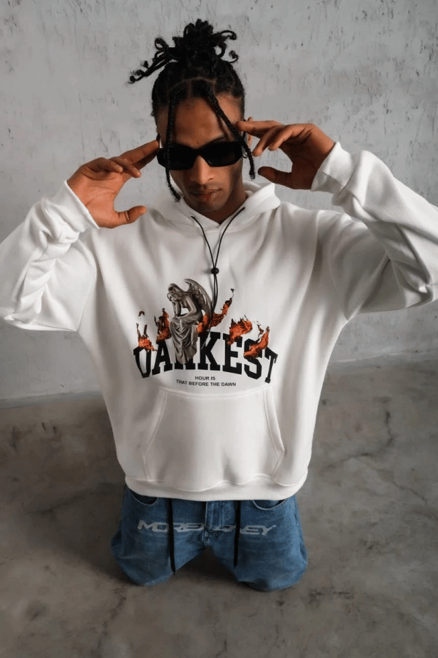 Erkek Oversize Kapüşonlu Sweatshirt – Beyaz Renk Üç İplik İçi Pamuklu Kanguru Cepli Baskılı Hoodie Rahat Kalıp Kışlık Günlük Kombinlere Uygun - Beyaz