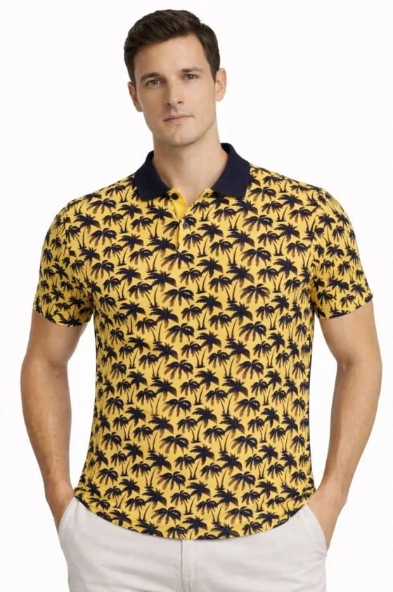Erkek Pike Kumaş Polo Yaka Palmiye Desenli Tişört Kısa Kol Yazlık T-Shirt - Sarı