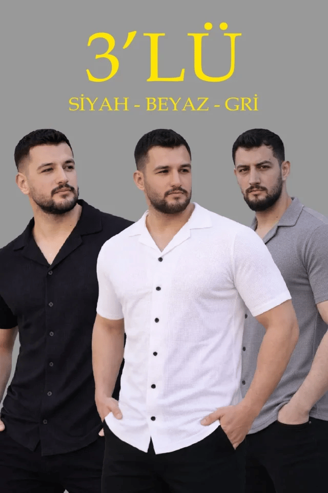 Erkek Waffle Dokuma Açık Yakalı Düğmeli Regular Kalıp 3’lü Gömlek Seti - Siyah, Beyaz, Gri